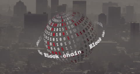 Blockchain and Binary Code Overlay on North American Cityscape