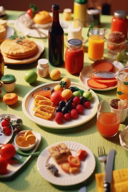 Breakfast spread featuring an array of colorful fruits, juice, pancakes, and various other foods. Ideal for illustrating breakfast ideas, healthy eating habits, or food and beverage advertisements.