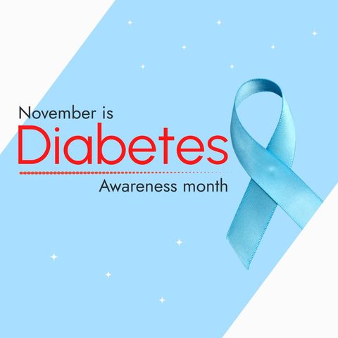 Diabetes awareness month with blue ribbon on blue background