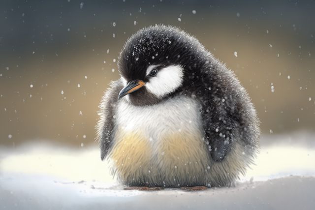 Penguin chick standing on snow-covered ground with snowflakes falling. Ideal for use in wildlife articles, children's books, educational materials, and winter-themed promotions. Emphasizes the cuteness of baby animals and the harshness of their natural environments.
