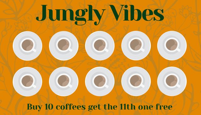 Ideal for coffee shops to engage customers and promote repeat business. Features ten coffee cup icons with a vibrant jungal design. Perfect for promoting buy ten get one free offers and enhancing customer loyalty.