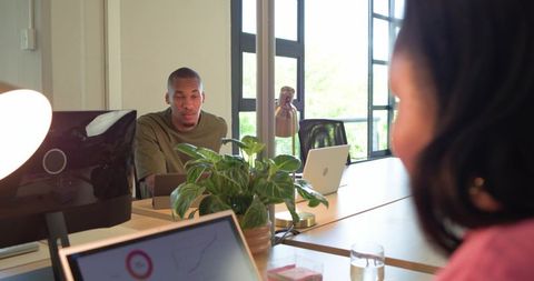 African coworkers collaborating at modern open-plan office with laptops, greenery in daylight