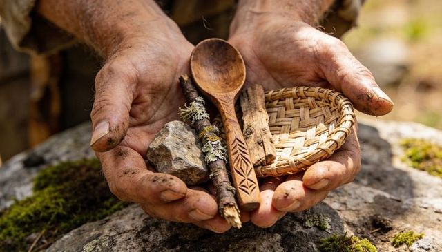 Holding dirt-stained hands cupping woodland finds with carved spoon and woven basket