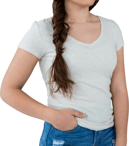 Model with braided hair wearing casual transparent top and jeans