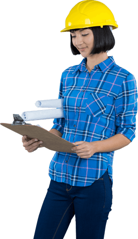 Transparent Background Smiling Architect Examining Clipboard