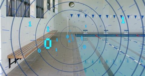 Empty Lap Pool Featuring Digital HUD Overlay in Modern Indoor Aquatic Facility