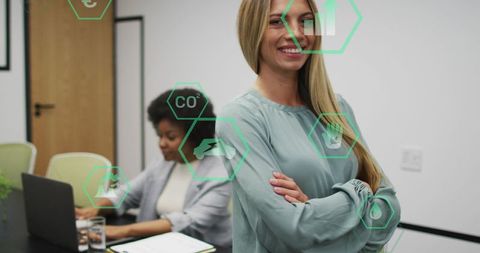 Confident professional leading sustainable data-driven collaboration in modern office