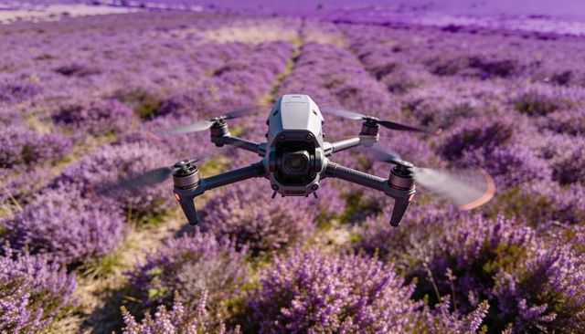 Autonomous quadcopter surveying lavender fields with gimbal camera hovering over rows