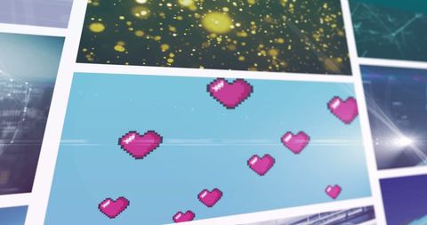 Pixelated hearts on scrolling digital panels with graphic overlay