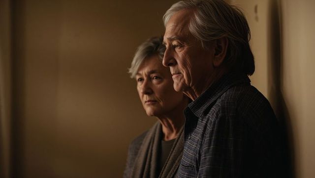 Senior couple reflecting in warm hallway light, intimate portrait of long-term partners