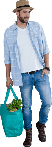 This transparent image features a casual man holding an eco-friendly bag filled with fresh vegetables. He wears a stylish hat, casual checked shirt, and jeans, embodying a relaxed lifestyle. Ideal for promoting sustainable shopping practices, eco-friendly products, or casual men's fashion. Useful for digital presentations, websites, and marketing materials focusing on conscious consumerism or everyday life themes.