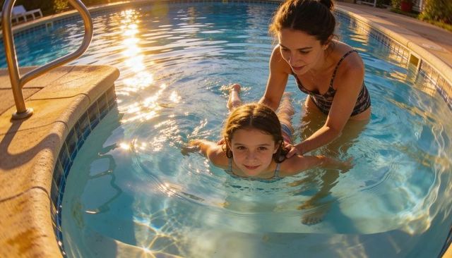 Mother teaching daughter to swim during golden hour at backyard pool with sun reflections
