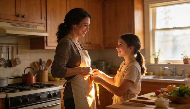 Mother and daughter bonding in sunlit kitchen fastening apron preparing fresh vegetables