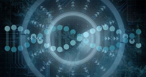 Futuristic digital DNA helix over circular UI rings for genomics data visualization