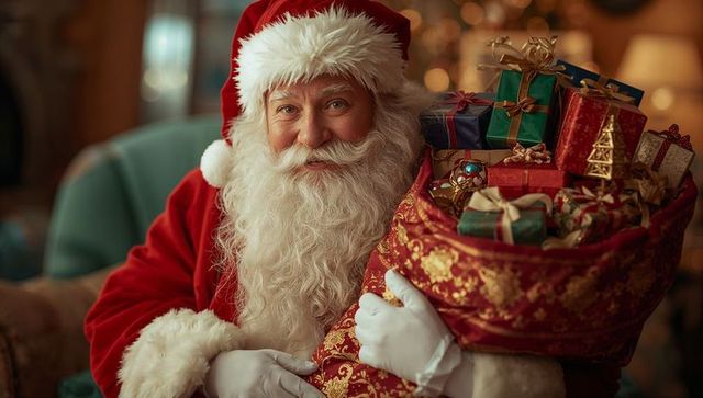 Cheerful Santa Claus Holding Gift Bag in Festive Living Room