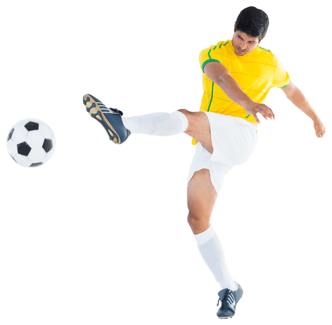 Biracial male soccer player kicking soccer ball, isolated on transparent background