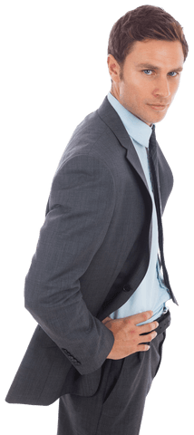 Confident Businessman in Gray Suit Hands on Hips Transparent Background