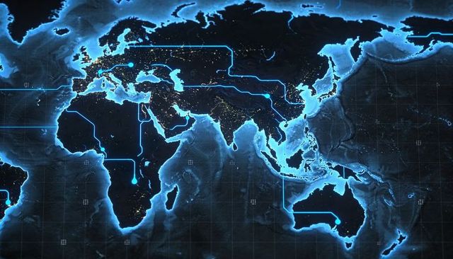 Neon Blue Global Network Map Showing City Lights, Subsea Cables and Digital Grid