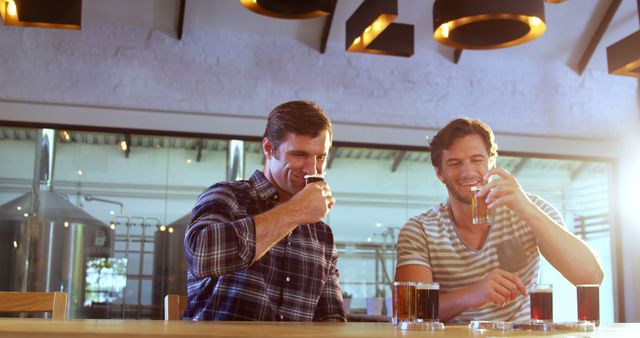 Two male friends are sitting together enjoying craft beers in a modern brewery with industrial decor. They are smiling and appear relaxed on a sunny day. Perfect for themes like friendship, leisure, brewery marketing, casual lifestyles, and social gatherings.