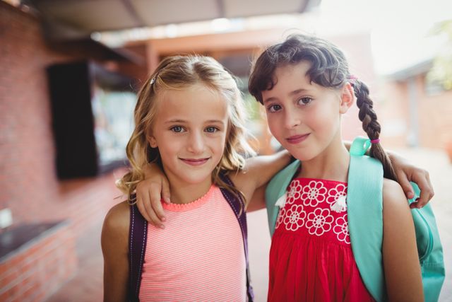 Two young girls with backpacks are standing outdoors, smiling and embracing each other. They appear to be friends, enjoying their first day of school. This image can be used for back-to-school promotions, educational materials, or articles about childhood friendships and school experiences.
