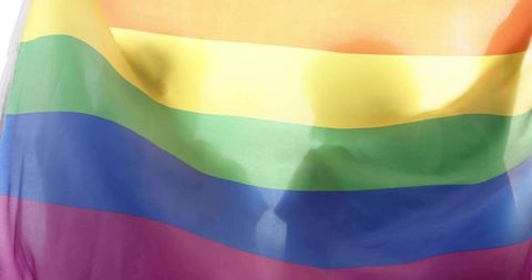 Backlit rainbow pride flag casting two human silhouettes behind translucent banner