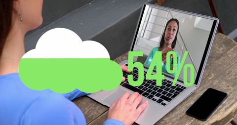 Woman Video Calling on Laptop with Cloud Data Upload Icon
