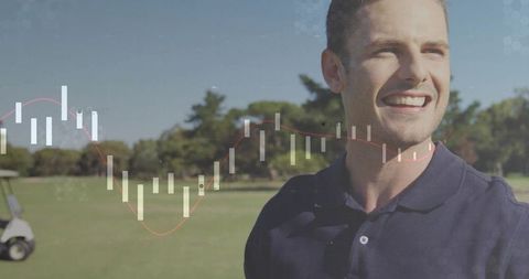 Smiling golfer enjoying sunny day with financial chart overlay
