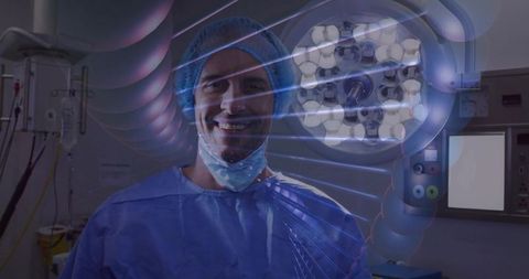 Surgeon in Operating Room with High-Tech Molecular Overlay Art