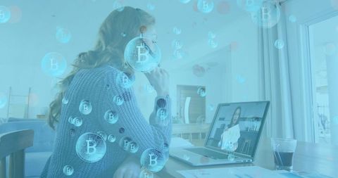 Businesswoman in Virtual Meeting with Bitcoin Overlay