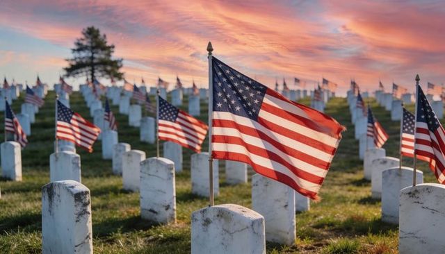 American flag waving over veterans cemetery at sunset with rows of white headstones