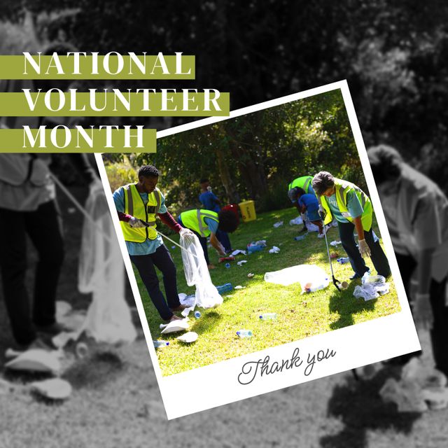 Image shows volunteers wearing safety vests, cleaning up a park and picking up trash during National Volunteer Month. Useful for campaigns promoting community service, environmental care, volunteer recruitment, and highlighting National Volunteer Month activities.