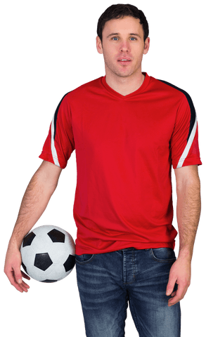Transparent Football Fan in Red Jersey Holding Soccer Ball