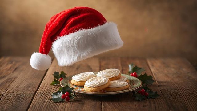 Rustic Christmas Cookies with Santa Hat and Holly on Wooden Table - Festive Dessert Still Life