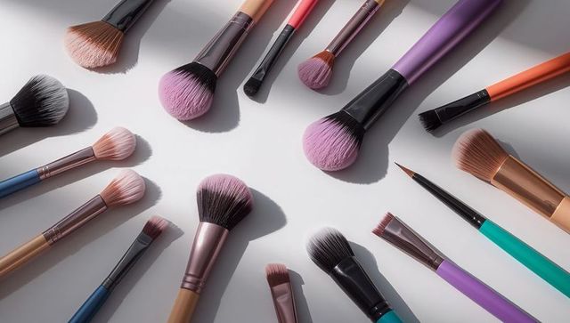 Colorful makeup brushes fanning toward center with metallic ferrules and soft bristles