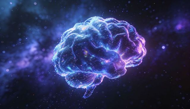 Glowing neural brain formed from particles and filaments in cosmic void