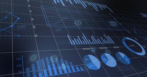 Displaying holographic analytics dashboard presenting 3D bar, line, pie and donut visualizations