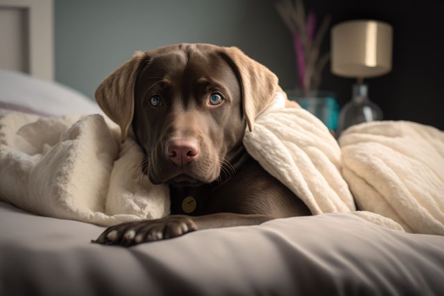 Portrait of cute brown dog on bed, created using generative ai technology. Animal, dog and pet concept digitally generated image.