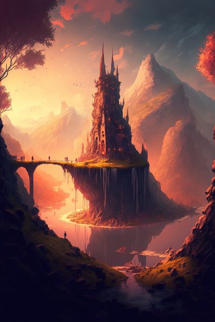 Majestic fantasy castle perched on a cliff surrounded by serene mountains and a tranquil lake at sunrise. Ideal for use in fantasy novels, adventure games, role-playing storylines, fairytale illustrations, or as an inspiring background for creative projects.