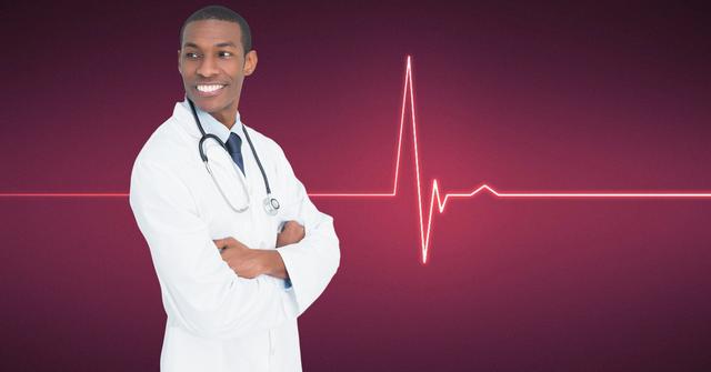 Digital generated image of male doctor standing with arms crossed with heart rate background