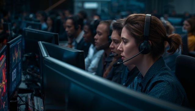 Woman monitoring trading screens in high-tech operations room wearing headset