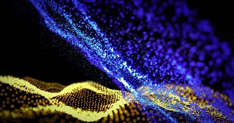 Dynamic blue particles over vibrant yellow 3d landscape