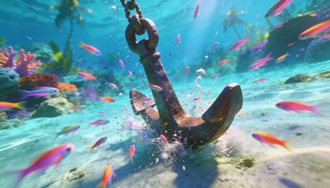 Dropping Anchor on Tropical Seabed Kicking Up Sand and Bubbles with Colorful Reef Fish