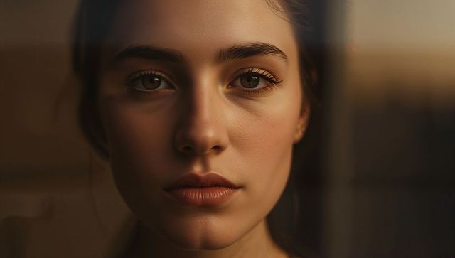 Warm soft-lit close-up portrait of young woman with sharp gaze and natural skin texture