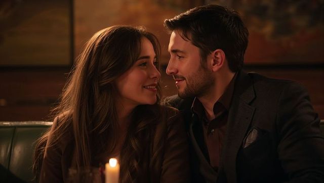 Romantic couple enjoying candlelight dinner at cozy restaurant booth