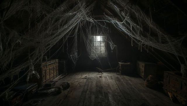 Dust-filled attic with cobwebs and antique trunks