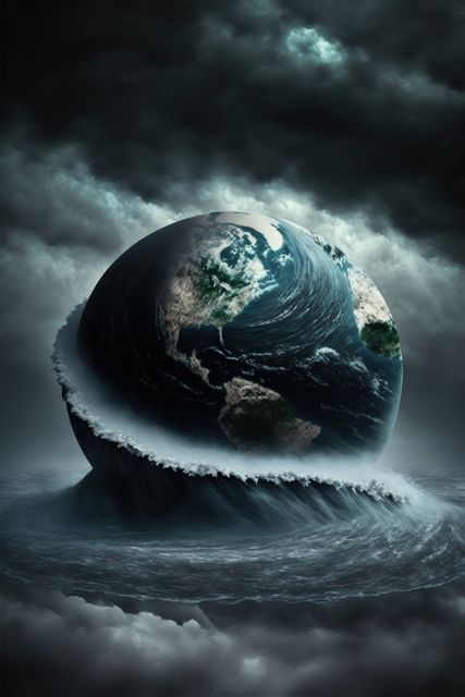 This image depicts planet Earth surrounded by massive ocean waves under stormy, dramatic skies. Useful for themes focused on climate change, environmental impact, global warming, and natural disasters. Could be used in editorial contexts, educational materials, and awareness campaigns.
