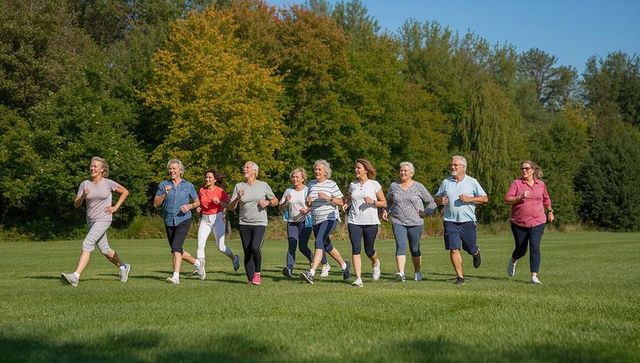 Active Seniors Jogging Together in Lush Park