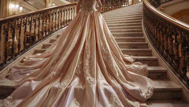 Regal bride in luxurious gown on marble stairs