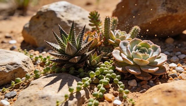 Sunlit rock garden with echeveria, haworthia and string-of-pearls succulents close-up
