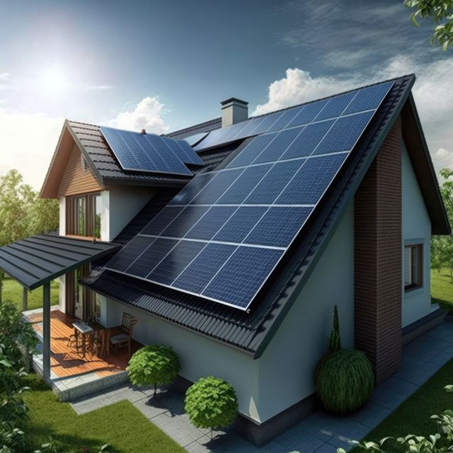 Depicting a modern house equipped with solar panels, this image highlights eco-friendly living and sustainable energy practices. Ideal for illustrating topics related to renewable energy, environmental conservation, green living, and modern architectural projects.